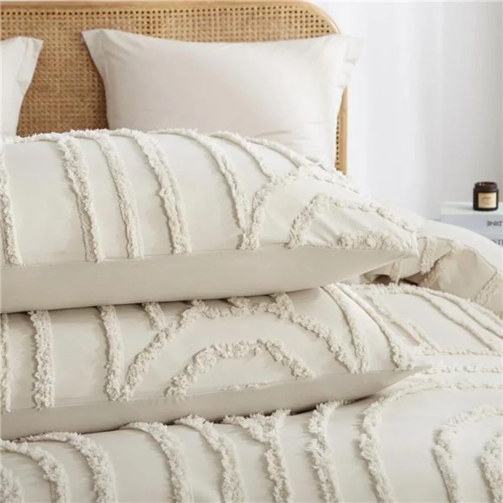 NEW Anthro Beige Boho Queen Size Rainbow Tufted Abstract Bedding Duvet Sham Set